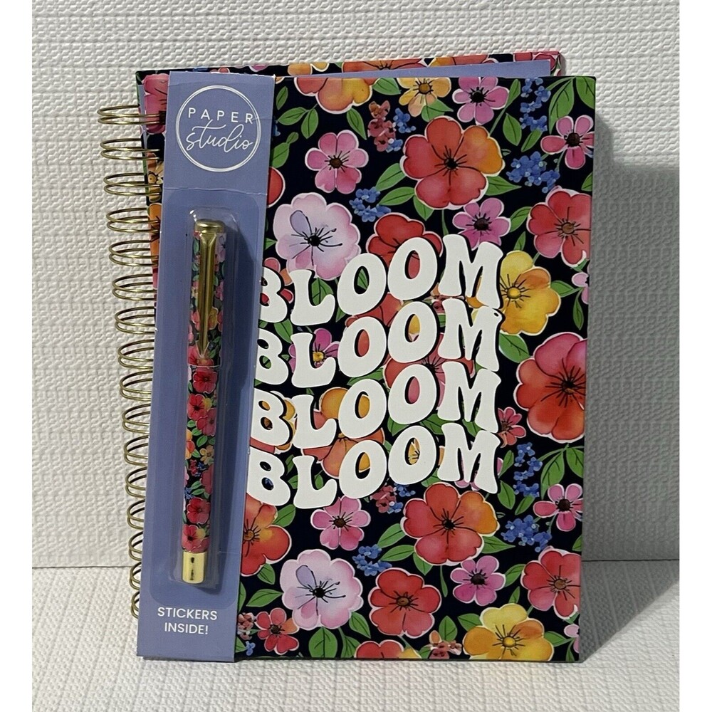 BLOOM Hardcover Spiral Notebook Journal Pen Sticker Set Colorful Lined Flowers